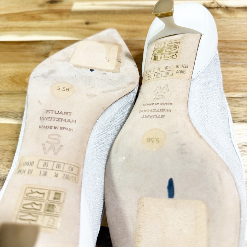 Stuart Weitzman Eva 50 Pump Pointed Toe White Sparkle Kitten Heels $525 MSRP 5.5 - Picture 10 of 15